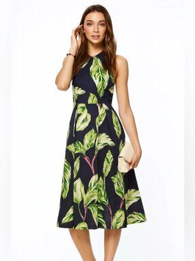 Ann Taylor Petite 0P Halter Midi Dress Navy Green Leaf Print Tropical Summer